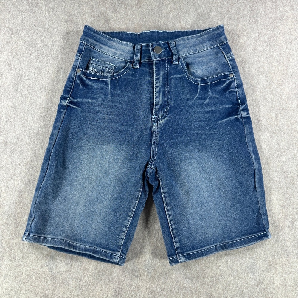 Womens Denim Bermuda Shorts Embroidered Pocket Whisker Stretch Blue Size Small